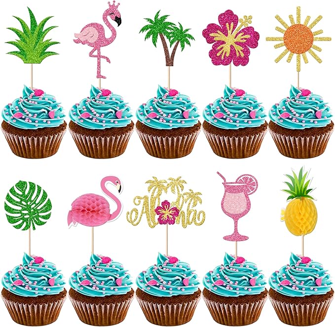 Rsstarxi 30 Pack Tropical Cupcake Toppers Glitter Flamingo Hawaiian Luau Aloha Cupcake Picks for Summer Beach Hawaiian Baby Shower Birthday Party Cake Decorations Supplies