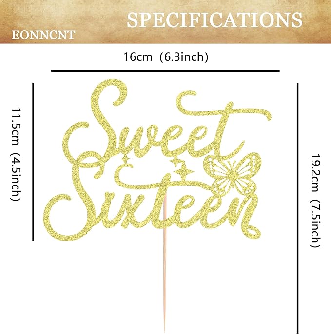 Sweet Sixteen Cake Topper - Gold Glitter Butterfly Theme Sweet 16 Birthday Cake Decorating Supplies for Girls, Sweet 16 Cake Topper for Happy 16th Birthday Anniversary Party Supplies Photo Booth Props