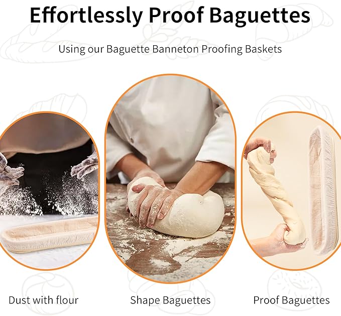 Banneton Bread Proofing Basket - 15 Inch Baguette Sourdough Bread Basket with Liner - Set of 2- Natural Rattan
