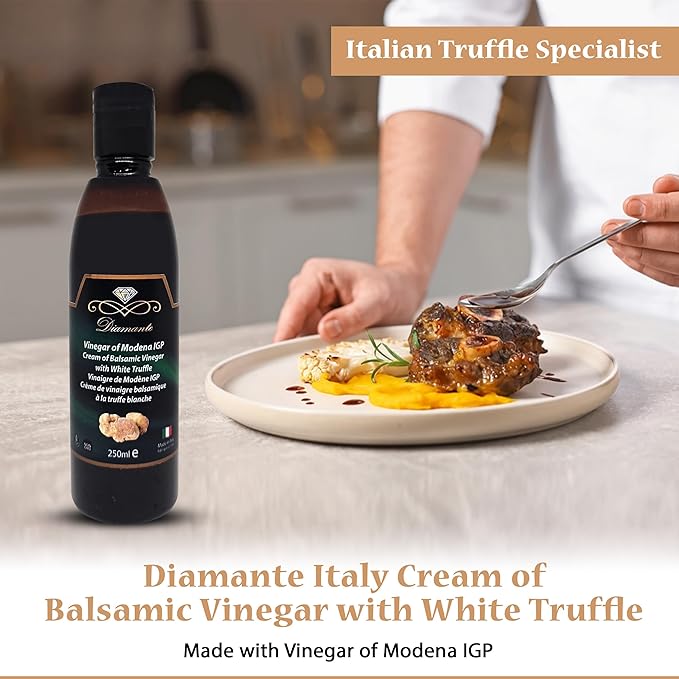 Diamante Italy Cream of Balsamic Vinegar with White Truffle Vinegar of Modena IGP - Gourmet & Luxurious Vinegar for Dressing, Dipping & Glazing - Non GMO & Made in Italy - 250ml