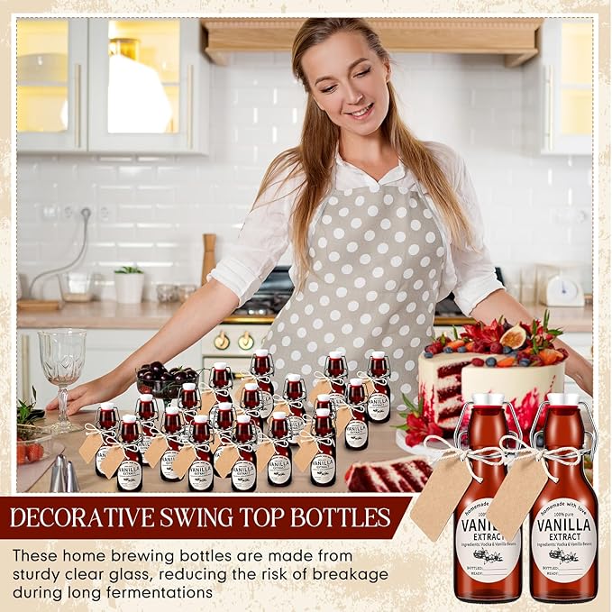Vesici 12 Sets Swing Top Glass Bottles Set Amber Homemade Vanilla Extract Bottles with Stoppers Stickers Caps Jar Brush Funnel Rope Labels Vanilla Extract Jars for Holiday DIY Crafts (6.6 oz)