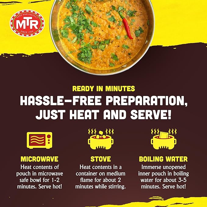 MTR - Minute Meals: Dal Fry - Flavorful Seasoned & Cooked Lentils - Authentic Indian Ready-To-Eat Meal - No Added Preservatives - A Quick Meal Suitable for Vegetarians, Ready in Minutes! (Pack of 6)