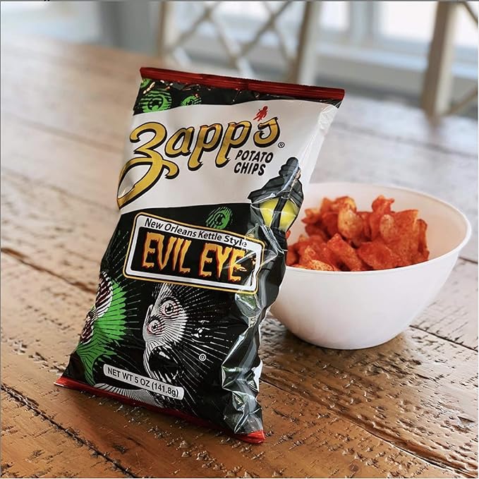 Zapp's New Orleans Kettle-Style Potato Chips, Evil Eye Flavor, 5 Oz. Bag (Pack of 12) - Crunchy Chips With a Kick, Great for Lunches or Snacking On The Go