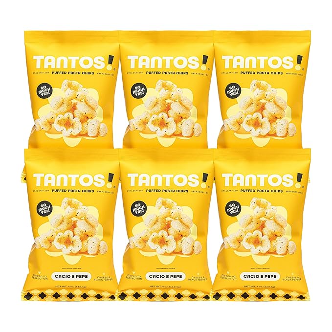 Tantos! Puffed Pasta Chips ??Healthy Pasta Snack by Top Chef Joe Sasto ??Plant-Based, Low Calorie, Crunchy Chips ??Variety Pack ??Marinara, Pesto, Cacio e Pepe, Classico ??Gourmet Bold Flavors (4 oz 6 Pack, Cacio e Pepe)