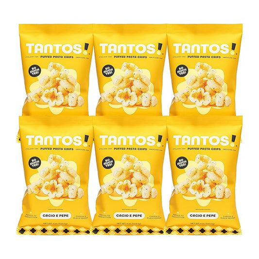 Tantos! Puffed Pasta Chips ??Healthy Pasta Snack by Top Chef Joe Sasto ??Plant-Based, Low Calorie, Crunchy Chips ??Variety Pack ??Marinara, Pesto, Cacio e Pepe, Classico ??Gourmet Bold Flavors (4 oz 6 Pack, Cacio e Pepe)
