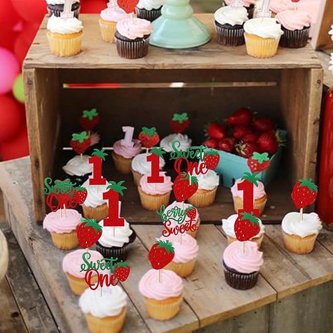 24 Pack Sweet One Cupcake Toppers Glitter First Birthday Strawberry Cupcake Picks for Fruit Baby Shower 1st Birthday Berry Sweet Cupcake Decorations Party Supplies Green