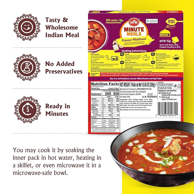 MTR - Minute Meals: Paneer Makhani - Cottage Cheese in Spiced Tomato Puree - Tasty Indian Meal with No Added Preservatives - A Quick Meal Suitable for Vegetarians, Ready in Minutes! (Pack of 6)