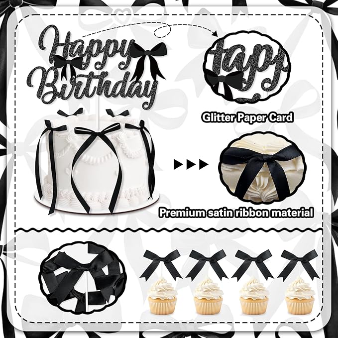 Black Bow Cake Toppers, Happy Birthday Sign, 12Pcs Ribbion Bow Cupcake Toppers & 6Pcs Cake Toppers for Black Bow Birthday Decorations, Baby Shower, Bridal Shower, Graduation Party