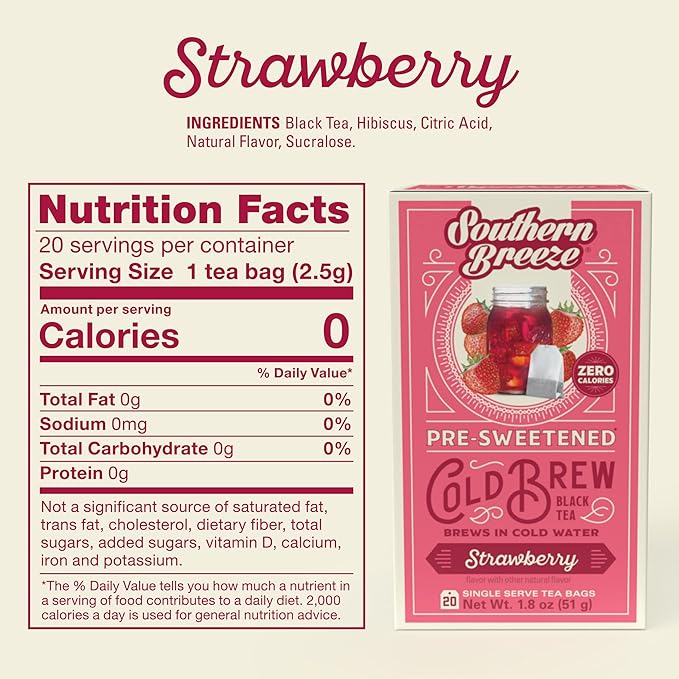 Southern Breeze Cold Brew Sweet Tea Strawberry Iced Tea with Black Tea and Zero Carbs Zero Sugar, 20 Individually Wrapped Tea Bags Southern Sweet Tea Iced Tea Beverage