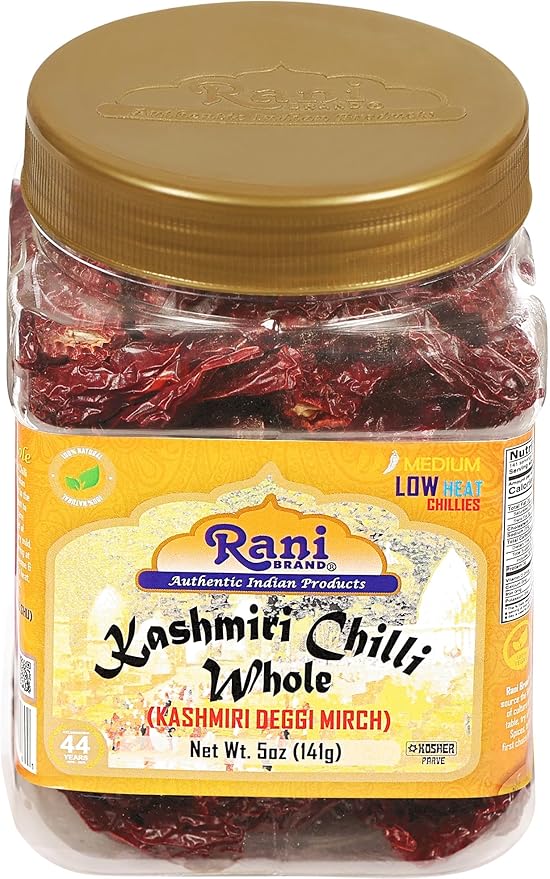 Rani Kashmiri Chilli Whole (Deggi Mirch, Low Heat) 5oz (141g) PET Jar ~ Natural | Salt-Free | Vegan | No Colors | Gluten Friendly | NON-GMO | Kosher | Indian Origin
