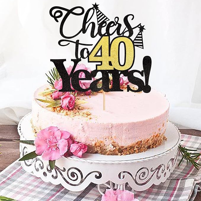 Rsstarxi 1 Pack Cheers to 40 Years Cake Topper Black Glitter Forty Years Old 40th Birthday Cake Pick Decorations for 40th Birthday Wedding Anniversary Party Supplies