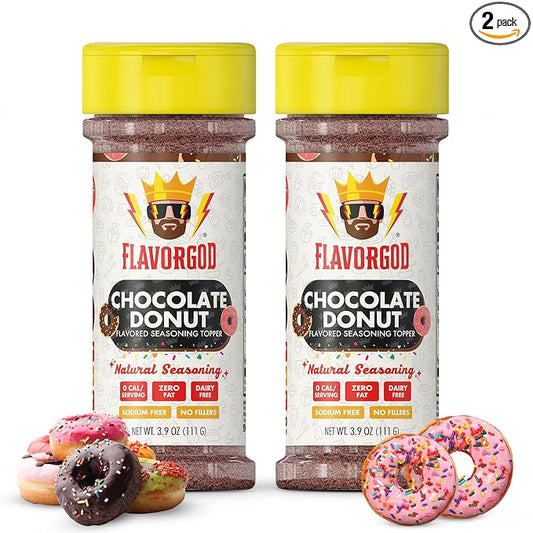 Chocolate Donut Topper Seasoning Mix, 2 Bottles by Flavor God - Premium All Natural & Healthy Spice - Blend for Coffee, Oatmeal, Pancakes & Smoothies - Kosher, Low Sodium, & Gluten-Free