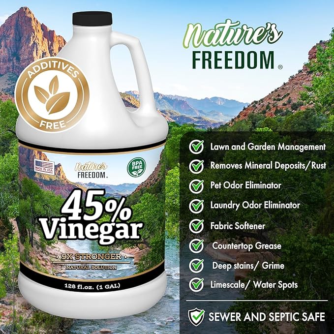 Nature's Freedom 45% Concentrated Vinegar, 1 Gallon with “How to Use Vinegar” Cleaning Book – Industrial Strength Multi-Purpose Cleaner