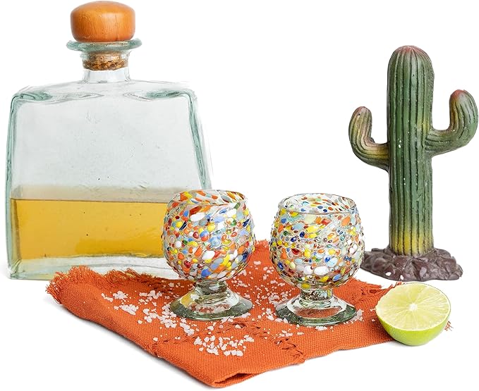 Authentic Mexican Tequila Hand Blown Shot Glasses - Set of 4-2 oz - Mini Glass Snifters - Heavy Base - Cognac (Confetti)