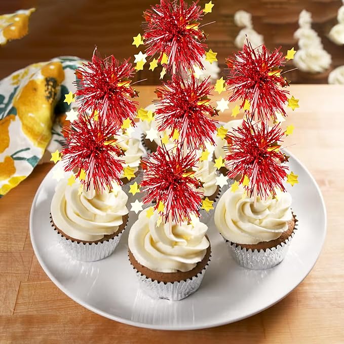 Rsstarxi 30 Pack Foil Firework Cupcake Toppers Happy Valentine's Day Cupcake Toppers Tinsel Flower Drink Stirrers Cocktail Food Fruit Toothpicks for New Years Birthday Party Cake Decorations Red