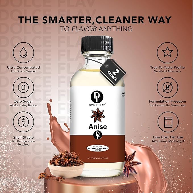 Dolce Flav Natural Anise Extract ??8 Ounce Oil-Soluble Kosher, Sugar-Free, Concentrated Licorice Anise Flavoring for Baking, Cookies & Liqueurs, Includes Measured Dropper