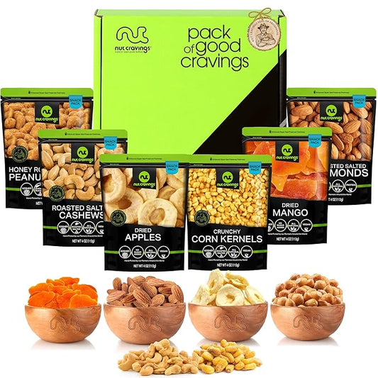 NUT CRAVINGS - Diwali Dried Fruit & Mixed Nuts Basket in Green Box (6 Assortments of 4 oz, 1.5 lb) Food Arrangement, Healthy Snack Care Package, Food Assortments