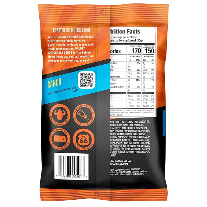 Wild Dutchman, Roasted Sunflower Seeds, Mouth Friendly Recipe for All Day Snacking, Ranch, 5.5 oz (Pack of 12)