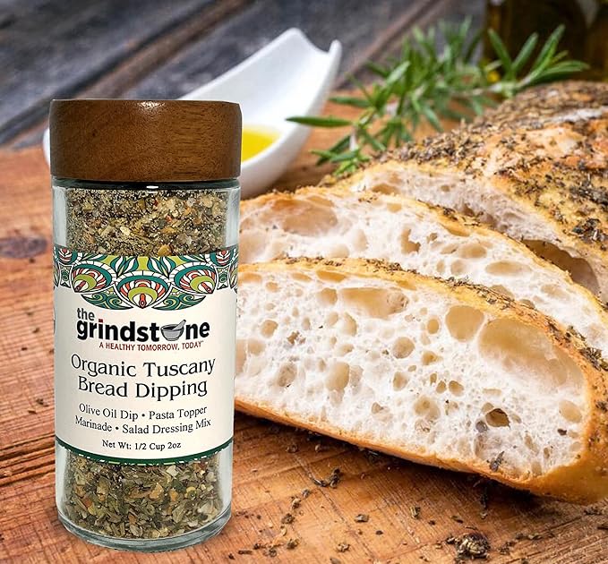 The Grindstone, Organic Tuscany bread dipping mix, perfect seasoning spice with extra virgin olive oil, bread, pasta topper, 2 oz. glass bottle with sifter, Pack of 2