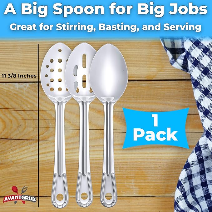 Super Strong, Ergonomic 11 in Serving Spoon 3 Pk. Big, Stainless Steel Spoons for Cooking, Baking, Stirring and Basting. Best Kitchen Flatware for Buffet and Banquet Service in Restaurants and at Home
