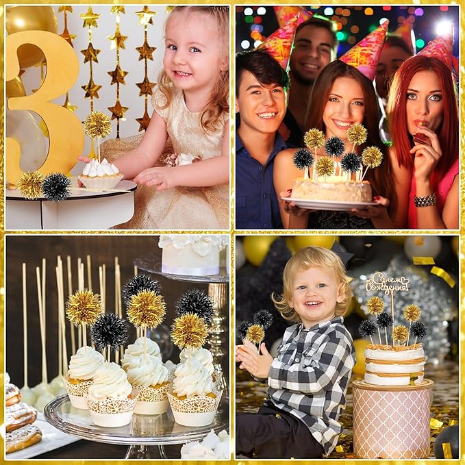 MEMOVAN Foil Firework Cupcake Toppers 100PCS Sparkle Tinsel Cake Toppers Tinsel Drink Stirrer Gold Black Cake Cupcake Decoration Cocktail Picks for Birthday Wedding Graduation Party Supplies