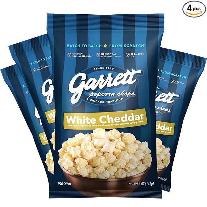 Garrett Popcorn White Cheddar, 5.0oz, 4 Bags, White Cheddar Gourmet Popcorn, Gluten Free, Savory Snack, Popped Popcorn Bags