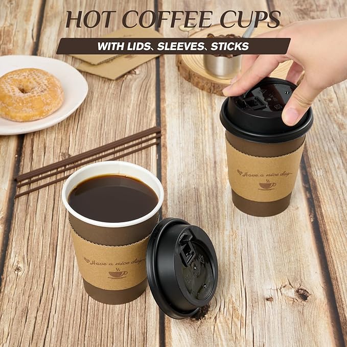 LITOPAK 100 Pack 12 oz Paper Coffee Cups with Lids, Sleeves, and Stirring Sticks for Coffee, Water, or Juice, Browm 10 Ounce Disposable Hot Paper Cups for Cafes, schools, offices, shops