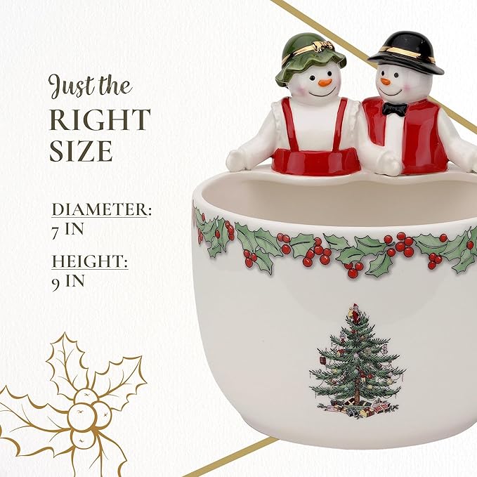 Spode Christmas Tree 9-Inch Candy Bowl - Mr. & Mrs. Snowman Decorative Earthenware Bowl for Serving Candy, Nuts, Holiday Treats - Festive Tableware & Charming Holiday Decor - Dishwasher Safe