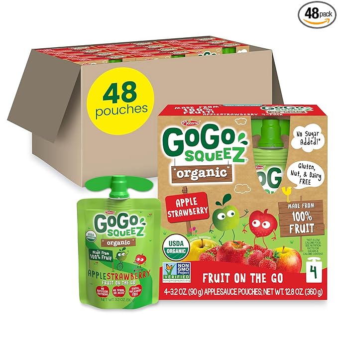 GoGo squeeZ Organic Applesauce and Fruit Puree Apple Strawberry, 3.2 oz (Pack of 48), Unsweetened Organic Fruit Snacks for Kids, Gluten Free, Nut Free and Dairy Free, Recloseable Cap, BPA Free Pouches