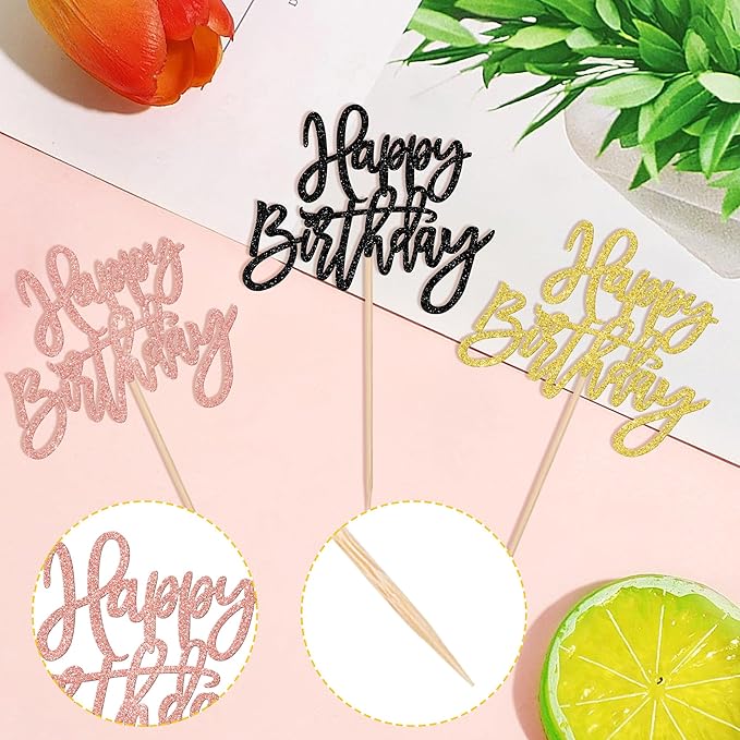 24 PCS Happy Birthday Cupcake Toppers Glitter Happy Birthday Cupcake Picks for Celebrating Anniversary Theme Party Cake Decorations Supplies Gold Black Rose Gold
