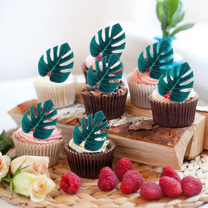 Rsstarxi 48 Pack Edible Tropical Turtle Leaves Cupcake Toppers, Edible Tropical Palm Leaves Cake Decorations for Hawaii Theme Jungle Baby Shower Birthday Party Decorations Supplies