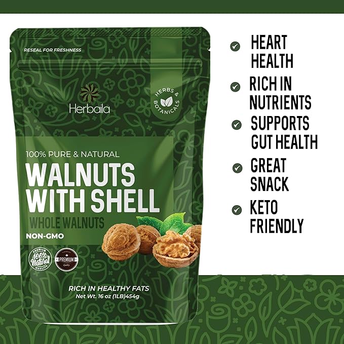 Herbaila Walnuts in Shell 1lb, Walnuts Whole. Raw Walnuts Unsalted, Easy to Crack, Perfect for Snacking, Cooking or Baking, Packed in USA Whole Walnuts in Shell 16oz.