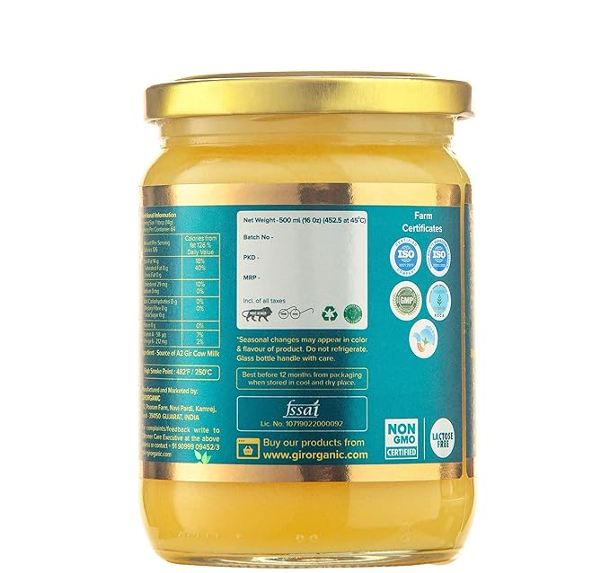 GirOrganic Grass Fed A2 Ghee | Clarified Butter (16 Oz) - Unsalted Gir Cow Ghee Butter - Organic Ghee Oil - Pasture Raised, Lactose-Free 16 Oz