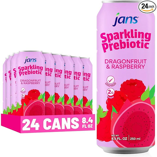 Jans Sparkling Prebiotic Soda Beverage ??Dragonfruit & Raspberry 8.4 Fl Oz (24-Pack) ??Low Calorie