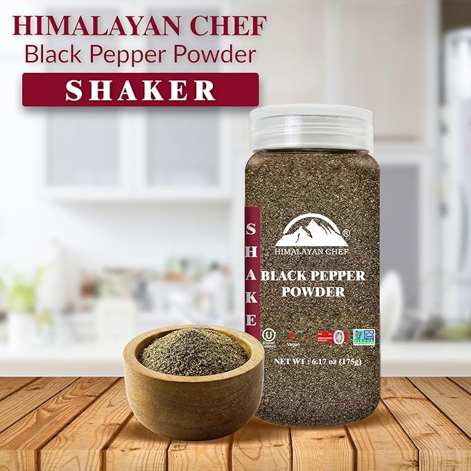 Himalayan Chef Organic Black Pepper Powder Shaker - 6.17Oz (175g), Free from Artificial Colors & Additives, Non GMO & Kosher Certified, Black Pepper Shaker
