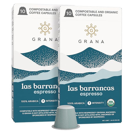 G GRANA Coffee Pods, Compatible with Nespresso OriginalLine, 20 Pack, Dark Roast, USDA Organic 100% Arabica Single Source Specialty-Coffee, Compostable Single Serve Capsules, Las Barrancas