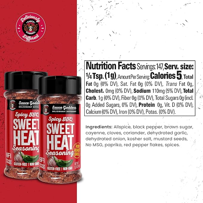 Sauce Goddess BBQ Sweet Heat Spice Shaker (2-Pack) - BBQ Rub with Brown Sugar and Has a Nice Garlic Flavor. Combination of Spicy and Sweet Seasonings and Spices for Cooking