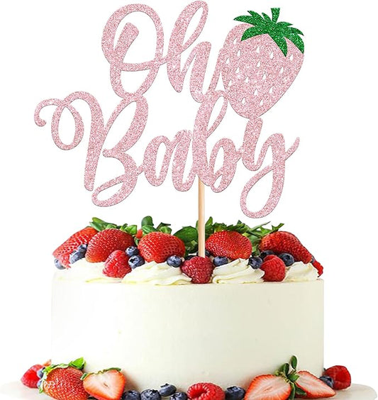 YCTHUNFISH 1 Pack Sweet Oh Baby Cake Topper Glitter Strawberry Cake Pick Fruit Berry Cake Decoration for Summer Baby Shower Kids Birthday Party Supplies Pink