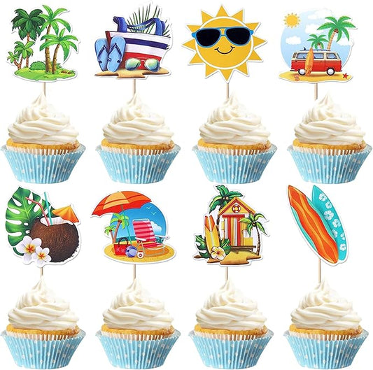 40 Pack Summer Beach Cupcake Toppers Sun Umbrella Coconut Bus House Cupcake Picks Slippers Kayak Cake Decorations for Baby Shower Hawaii Beach Birthday Party Supplies