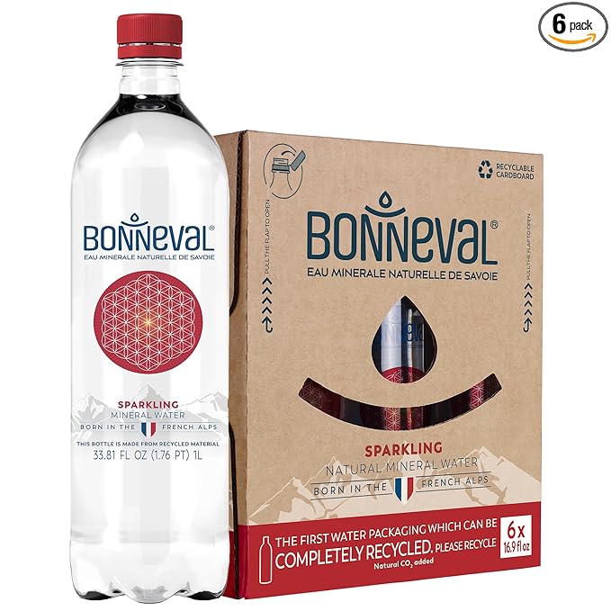 BONNEVAL - Natural Sparkling Water - 100% Pure Mineral Water from the French Alps - Naturally Filtered for 2000 Years - Rich in Electrolytes - Eco-Friendly 25% RPET Bottles tethered caps - 6 pack, 33.8 FL OZ