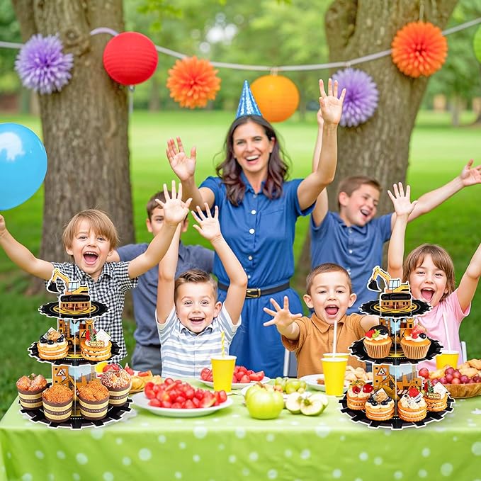 2 Pack Construction Cupcake Stand Construction Party Decorations 3 Tier Construction Cupcake Holder Dessert Stand for Boys Kids Baby Shower Birthday Party Supplies