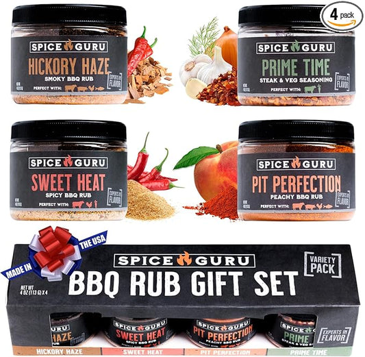Spice Guru BBQ Rub Set - 4 Flavor BBQ Seasoning/Rubs Great FathersDay Gifts for Dad or Husband - Grilling Gifts for Men - Birthday Gift for Men - Barbecue Grilling Accessories - Meat Seasonings