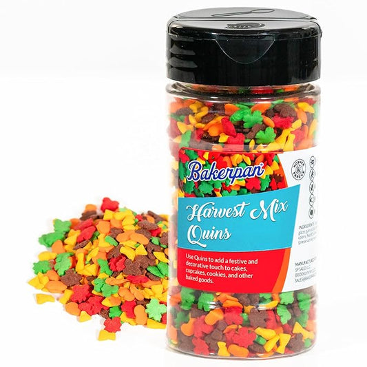 Bakerpan Quins Sprinkles for Cake Decorating - Fall Autumn Harvest Mix Confetti 4 Ounces - Thanksgiving Edible Confetti Sprinkles for Cupcakes, Ice Cream, Cookies, Cakes (Made in USA)