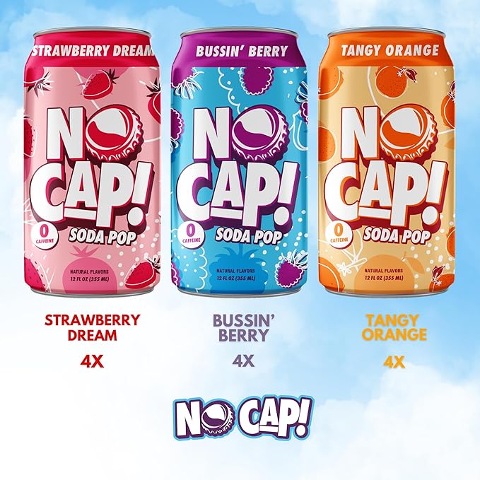 No Cap! Healthy Soda Alternative, Zero Sugar, No Calories, Caffeine Free, Vegan, Gluten Free, For Kids, Teenagers & Adults,12 Oz Cans, 12 Pack, Bussin Berry, Tangy Orange, Strawberry Dream (OG Pack)