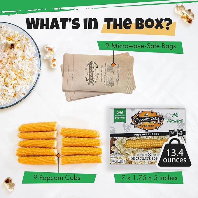 Poppin Cobs Microwave Popcorn on the Cob (9 PK) (Original) Whole Popcorn Kernels, Individually Wrapped Healthy Pop Corn on the Cob with Bags, Gluten Free Fun Snack Perfect for Movie Nights