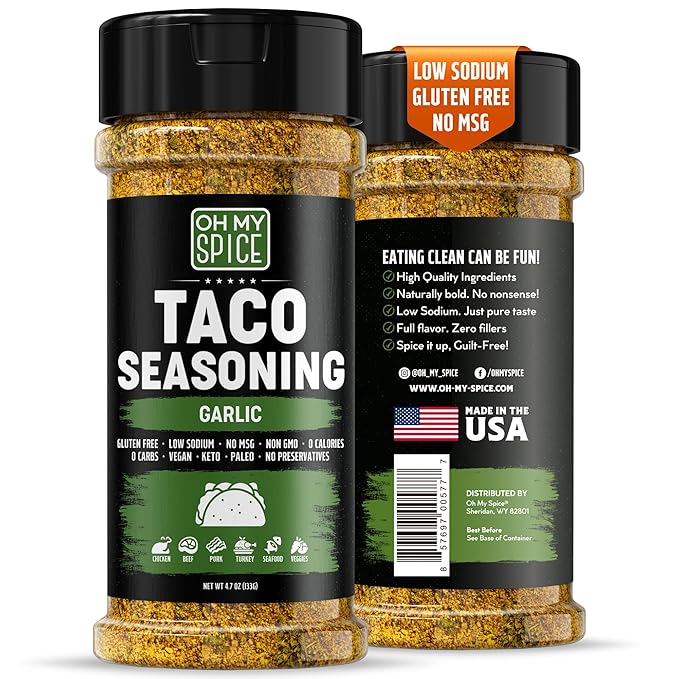 Taco Seasoning Mix Garlic Powder - Gluten Free & Low Sodium Mexican Seasoning Blend for Taco Tuesday Night. Garlic and Herb Seasonings for Fajita & Burrito. Meat, Chicken & Fish Tacos Toppings. 4.7oz