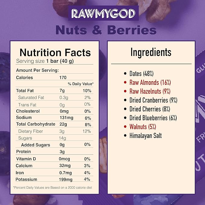 RAWMYGOD Fruit and Nut Bars, Gluten Free, Vegan, No Added Sugar (16 bars, Variety Pack I - 4 Raw Cacao, 3 Apple & Cinnamon, 3 Nuts & Berries, 3 Cherry Peanut, 3 Pistachio & Cranberry)