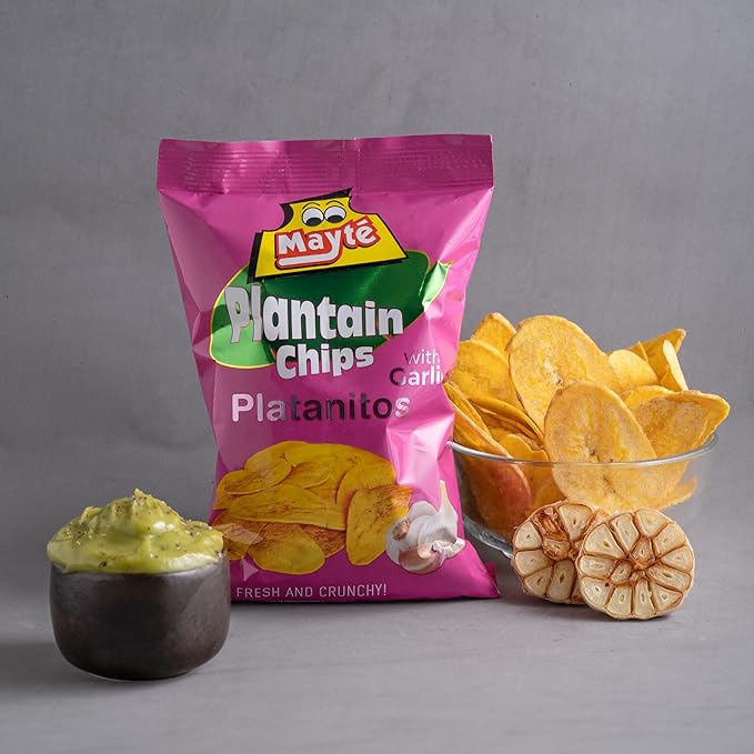 Mayté Garlic Plantain Chips – 30 Individual Packs (3oz Each) – Crunchy, Savory, and Healthy Snacks Made from Real Plantains – Non-GMO, Gluten-Free, Kosher – No Preservatives or Artificial Colors