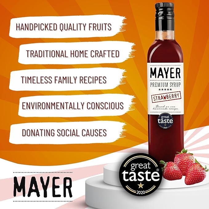 Mayer Premium Hungarian Strawberry Syrup ??Award-Winning Artisanal Strawberry Syrup, All Natural, Over 50% Real Strawberries, Vegan, Gluten-Free ??Ideal for Coffee, Desserts, Cocktails (16.9 oz)