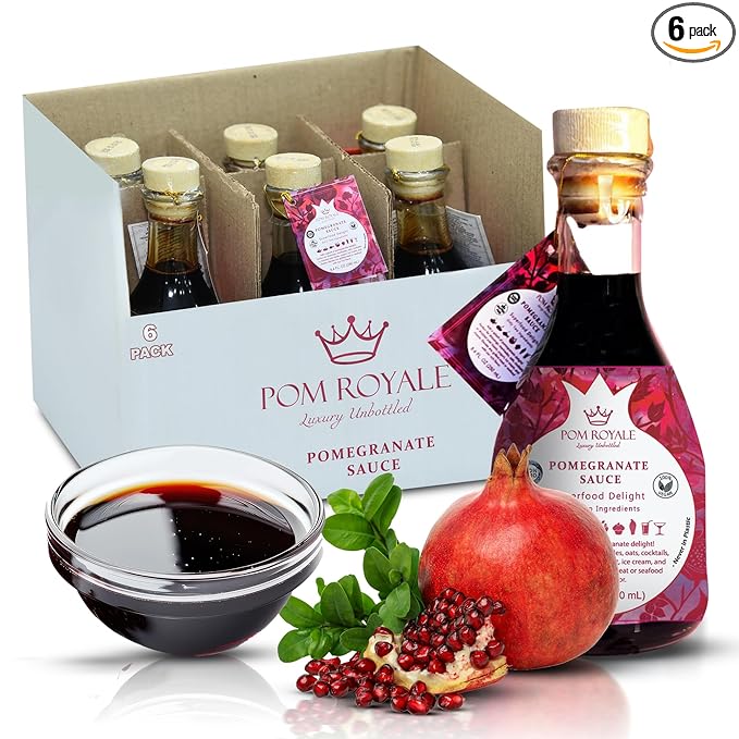 Pomegranate Molasses, 12 OZ(350gram) Glass Bottle (Pack of 6), 100% Natural Pomegranate Concentrate from Heritage Pomegranates, No additives, Non-GMO, Vegan, Gluten Free, Kosher Certified, Preservative Free, Superfood, Gourmet Food Pomegranate Syrup